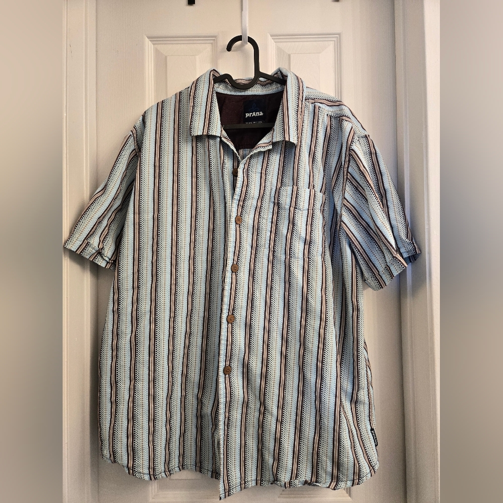 Prana Men’s Short Sleeve Striped Button-Down Shirt - Light Blue & Brown